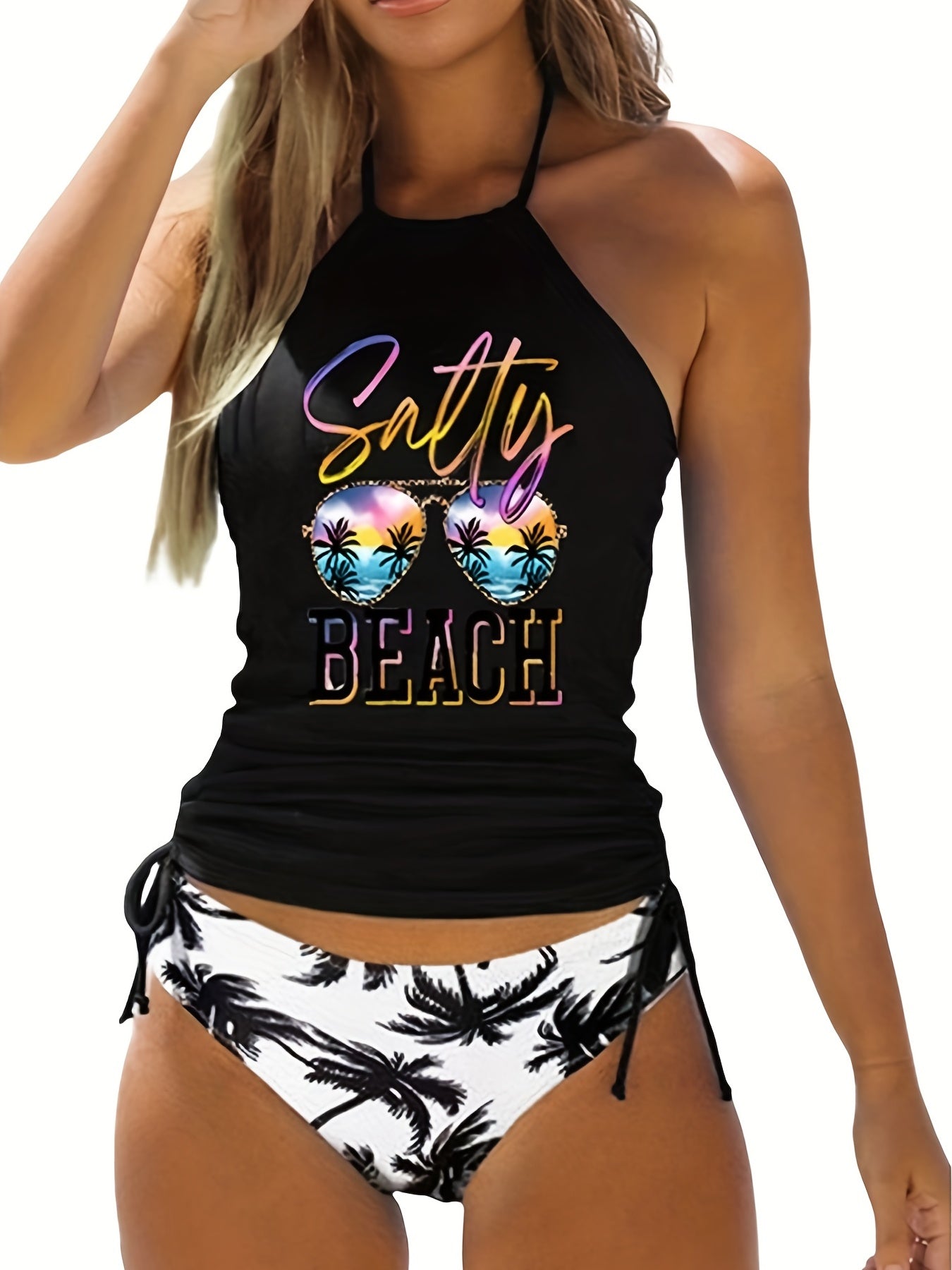 Coconut Tree Sunglasses Drawstring Halter 2 Piece Swimsuit
