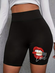 Women's Lipstick & Mouth Print High Rise Biker Shorts
