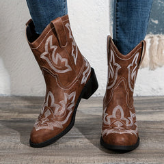 Women's Retro Embroidered Cowboy Mid Calf Boots