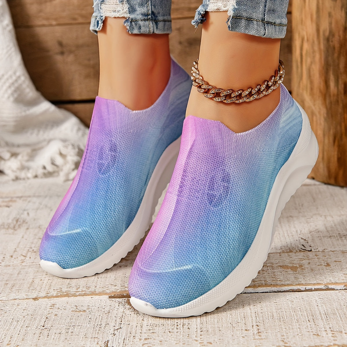 Women's Ombre Knit Slip on Sneakers Anti slip Comfort Running Shoes