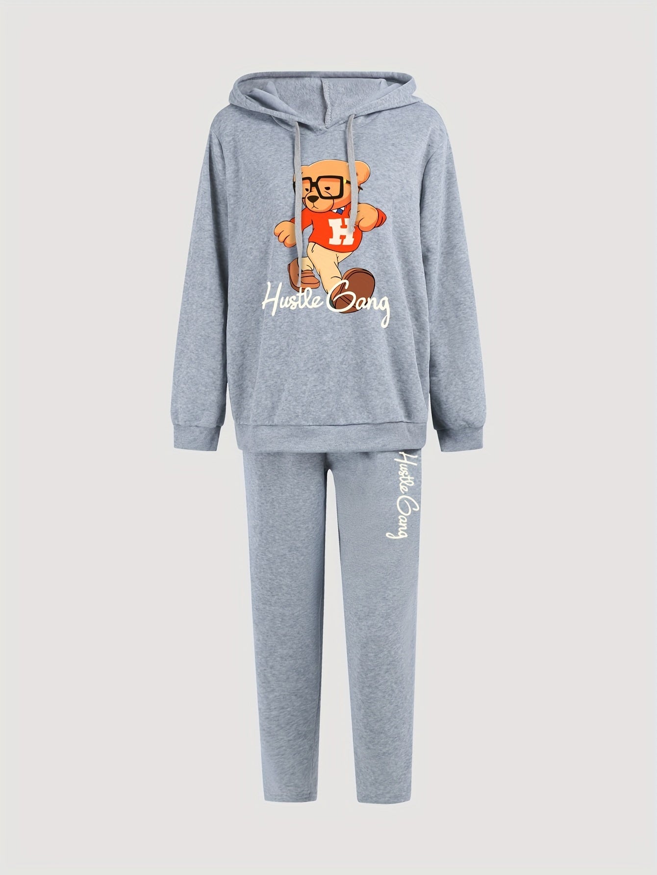 Women's Plus Bear & Art Letter Print Hooded Sweatshirt & Sweatpants Set