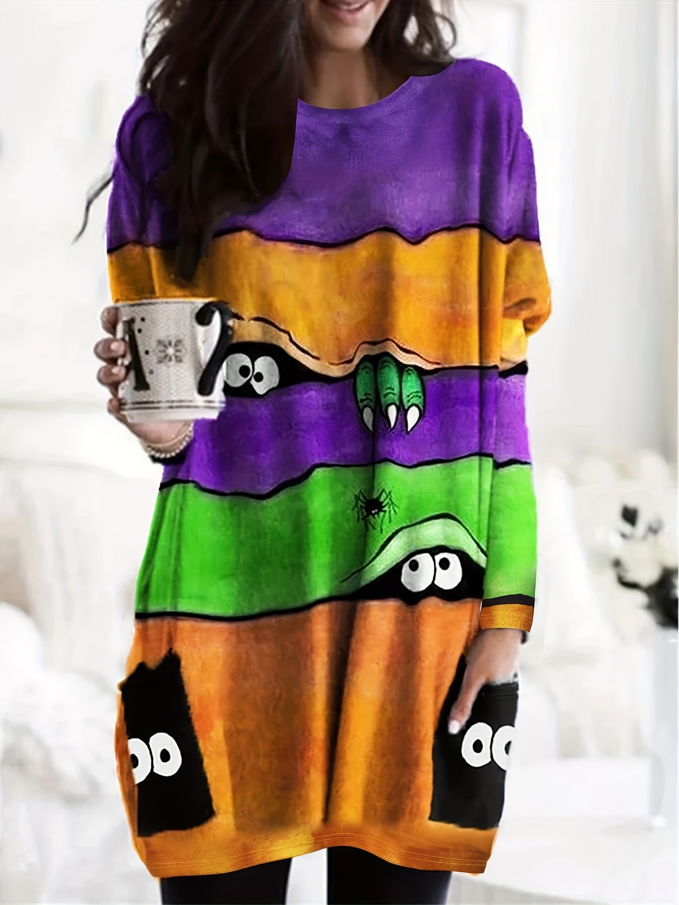 Monster Print Long Sleeve Dress with Pockets