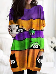 Monster Print Long Sleeve Dress with Pockets