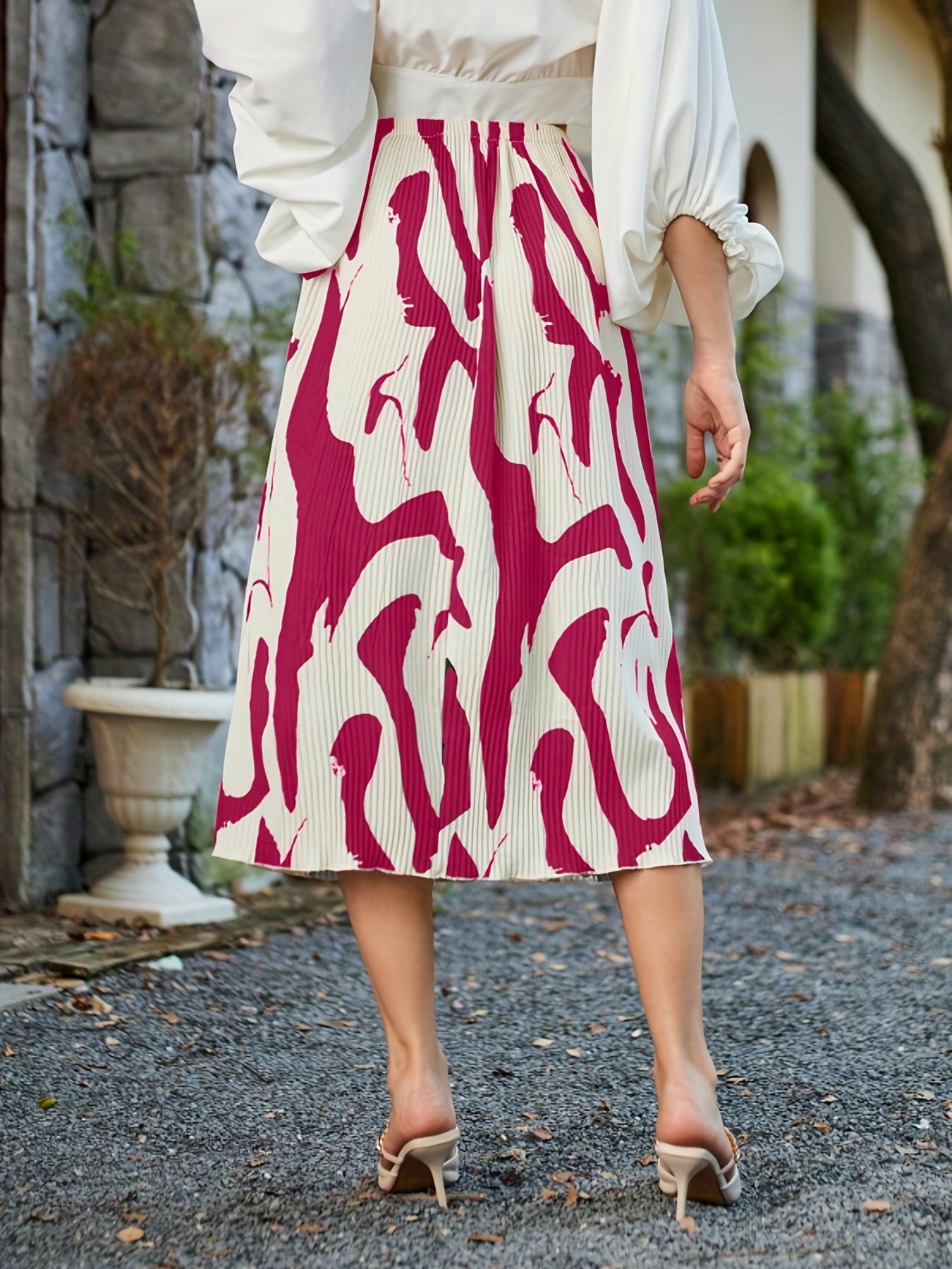 Abstract Print Ribbed Skirts High Waist Midi Skirts