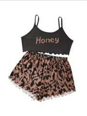 Leopard Print Pajama Set Crew Neck Cami Top & Shorts