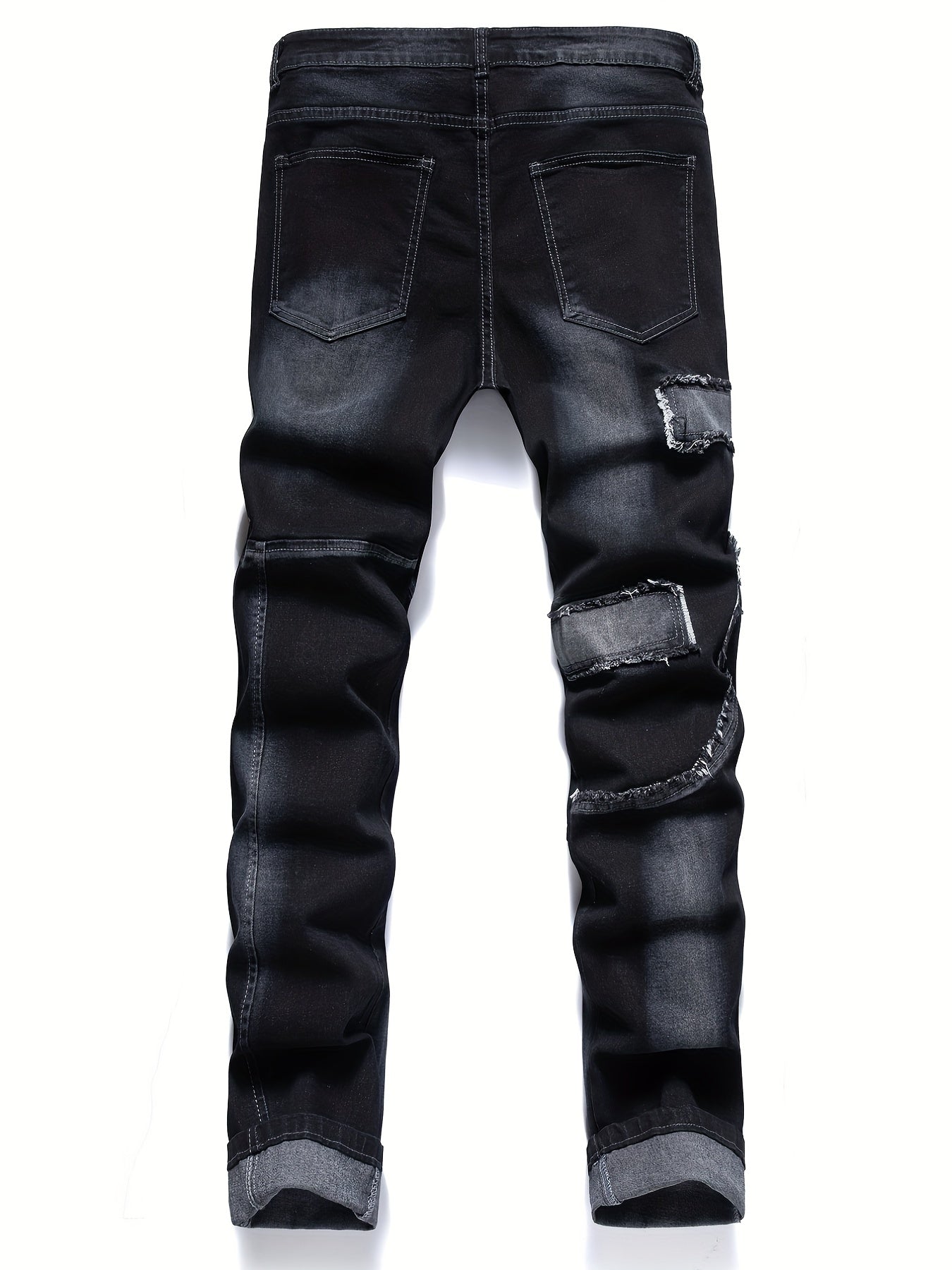 Men's Patchwork Biker Jeans Medium Stretch Denim Pants