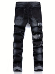 Men's Patchwork Biker Jeans Medium Stretch Denim Pants