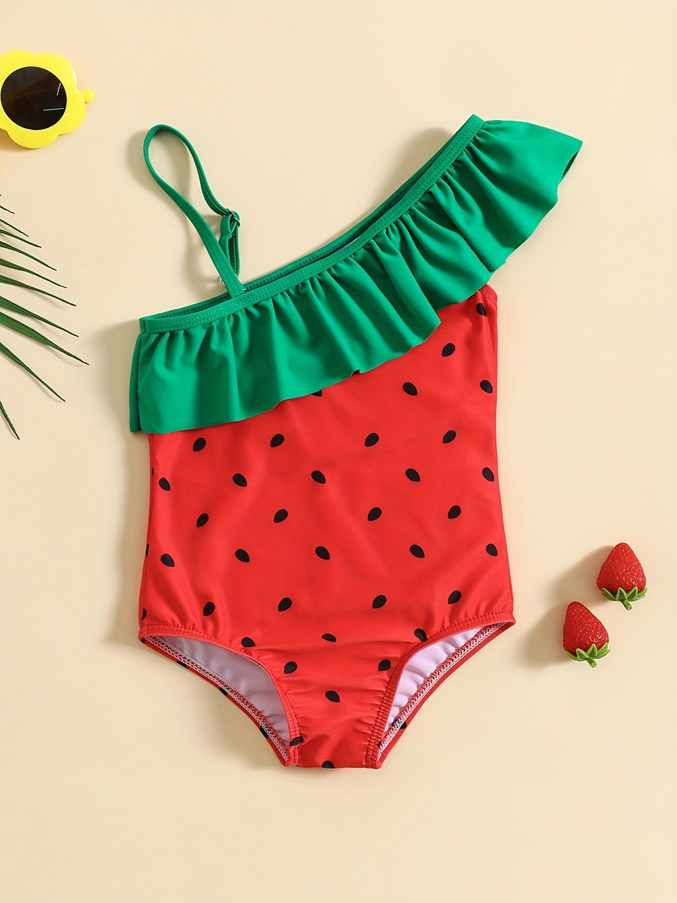 Girls Watermelon Print One Piece Swimsuit Asymmetrical Straps