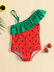 Girls Watermelon Print One Piece Swimsuit Asymmetrical Straps