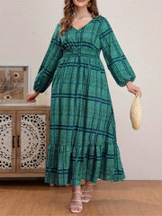 Plus Size Grid Print Long Sleeve V Neck Maxi Dress