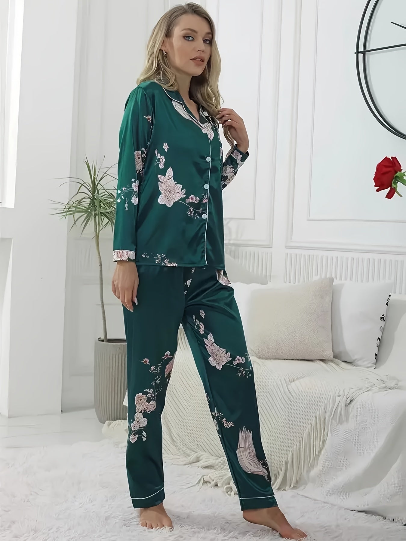 Floral Print Pajama Set Long Sleeve Buttons Top & Elastic Waistband Pants