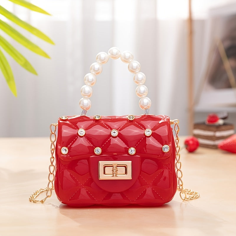 Girls Rhombus Texture Pearl Rhinestones Handbags Messenger Bag