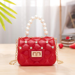 Girls Rhombus Texture Pearl Rhinestones Handbags Messenger Bag