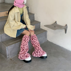 Leopard Fuzzy Leg Warmers Ruffle Knee High Socks Women's Stockings