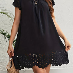 Solid Eyelet Embroidered Cap Sleeve Ruched Mini Dress
