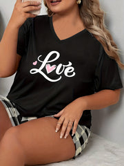 Heart & Slogan Print V-Neck Pajama Top