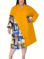 Colorblock Print Long Sleeve Button Up Shirt Dress