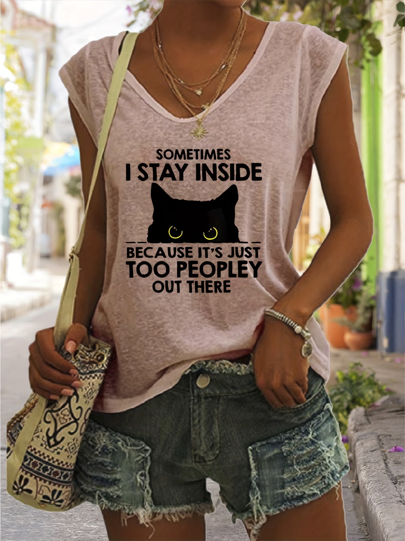 Cartoon Cat Print Tank Top V Neck Casual Top for Women