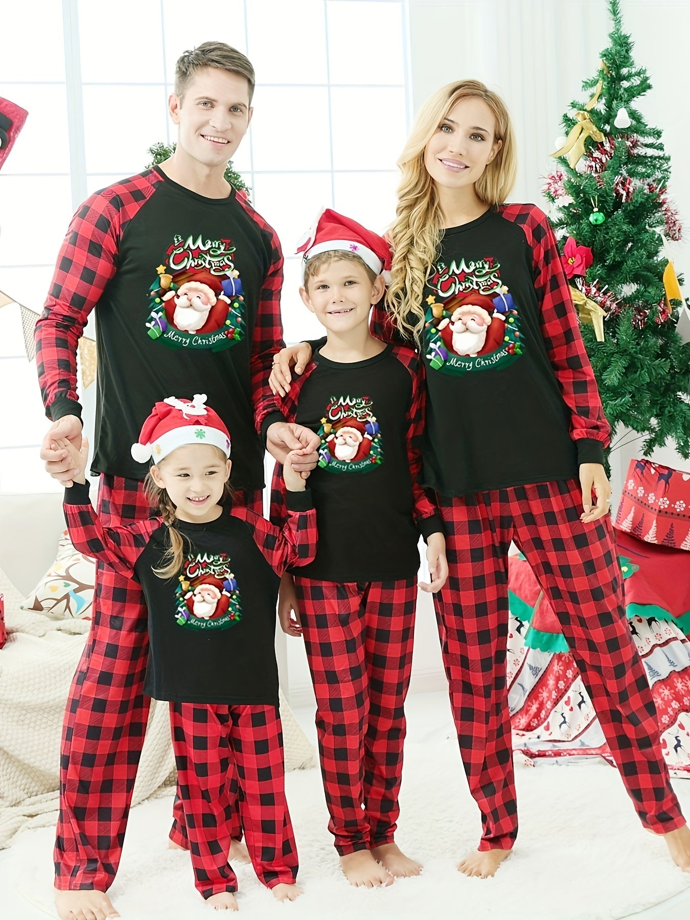 Christmas Print Lounge Set Long Sleeve Crew Neck Top & Plaid Pants