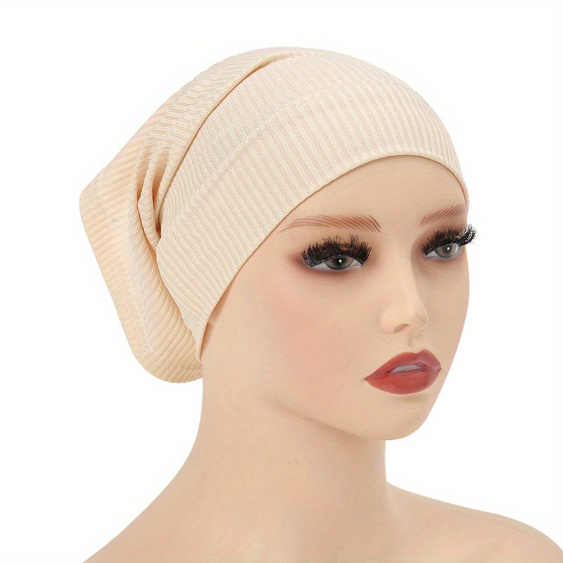 Striped Inner Cap Scarf Solid Underscarf Turban Cap Casual Hijab