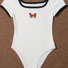 Butterfly Print Bodysuit Contrasting Trim Square Neck One Piece