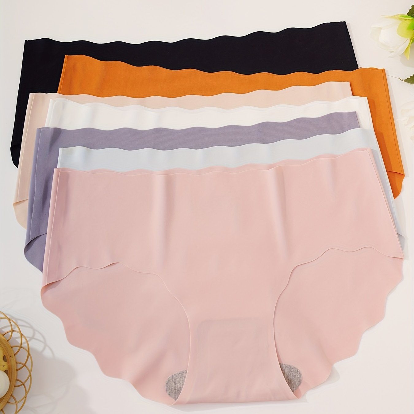 7pcs Seamless Scallop Trim Briefs Solid Panties Women's Lingerie
