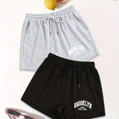 Letter & Number Print Shorts 2 Pack Drawstring Waist