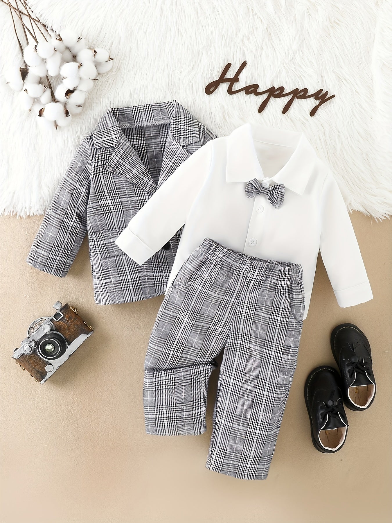 Baby Boy Plaid Suit Jacket & Bow & Shirt & Trousers Set