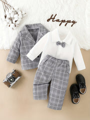Baby Boy Plaid Suit Jacket & Bow & Shirt & Trousers Set