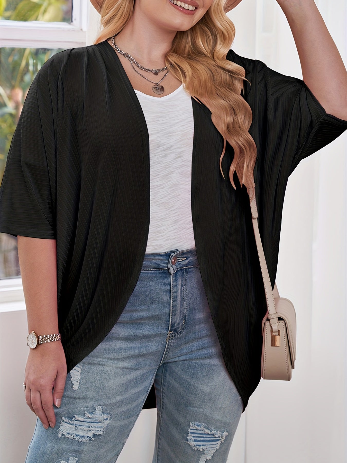 Ribbed Batwing Sleeve Open Front Cardigan