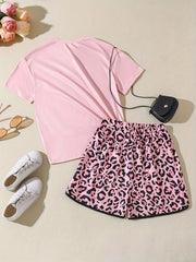 2pcs Toddler Girls Figure & Letter T-Shirts & Leopard Shorts Set