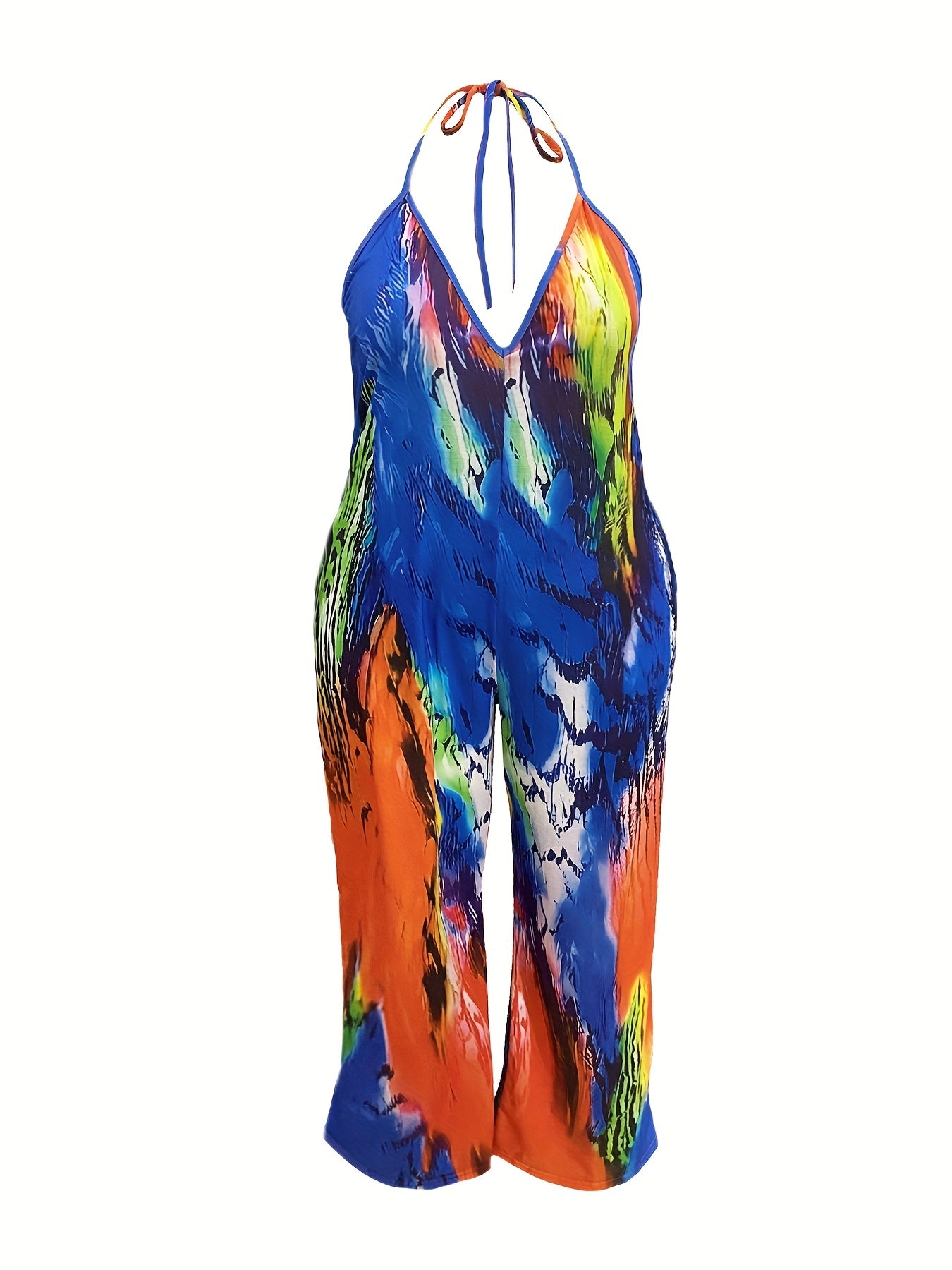 V neck Print Tie Dye Bandage Backless Jumpsuit
