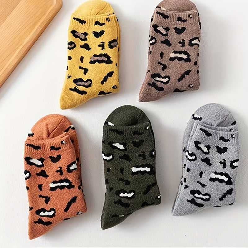 5 Pairs Leopard Print Socks Comfy Mid Tube Women's Stockings