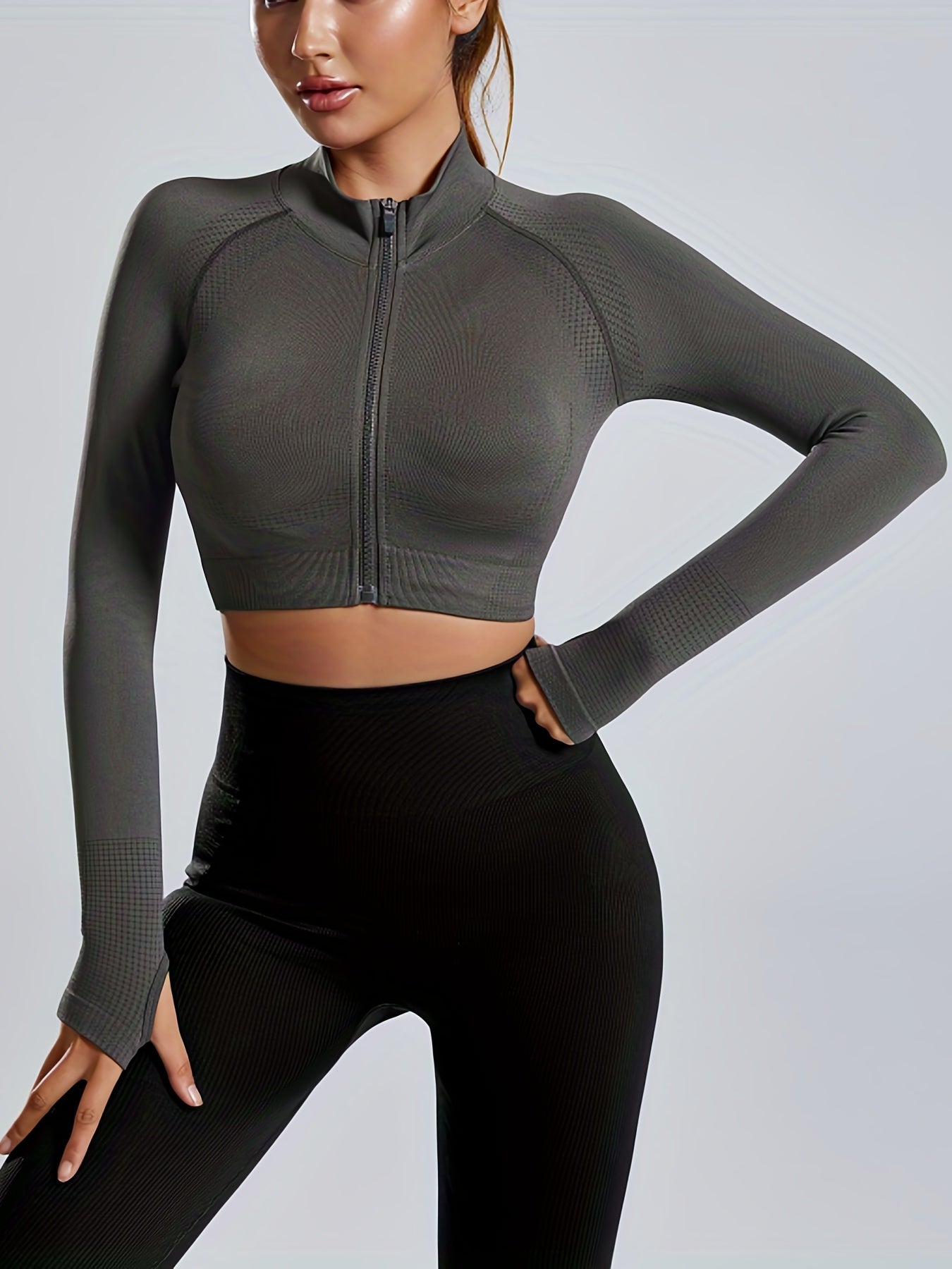 Mock Neck Full Zip Trail Running Jacket Yoga Crop Top
