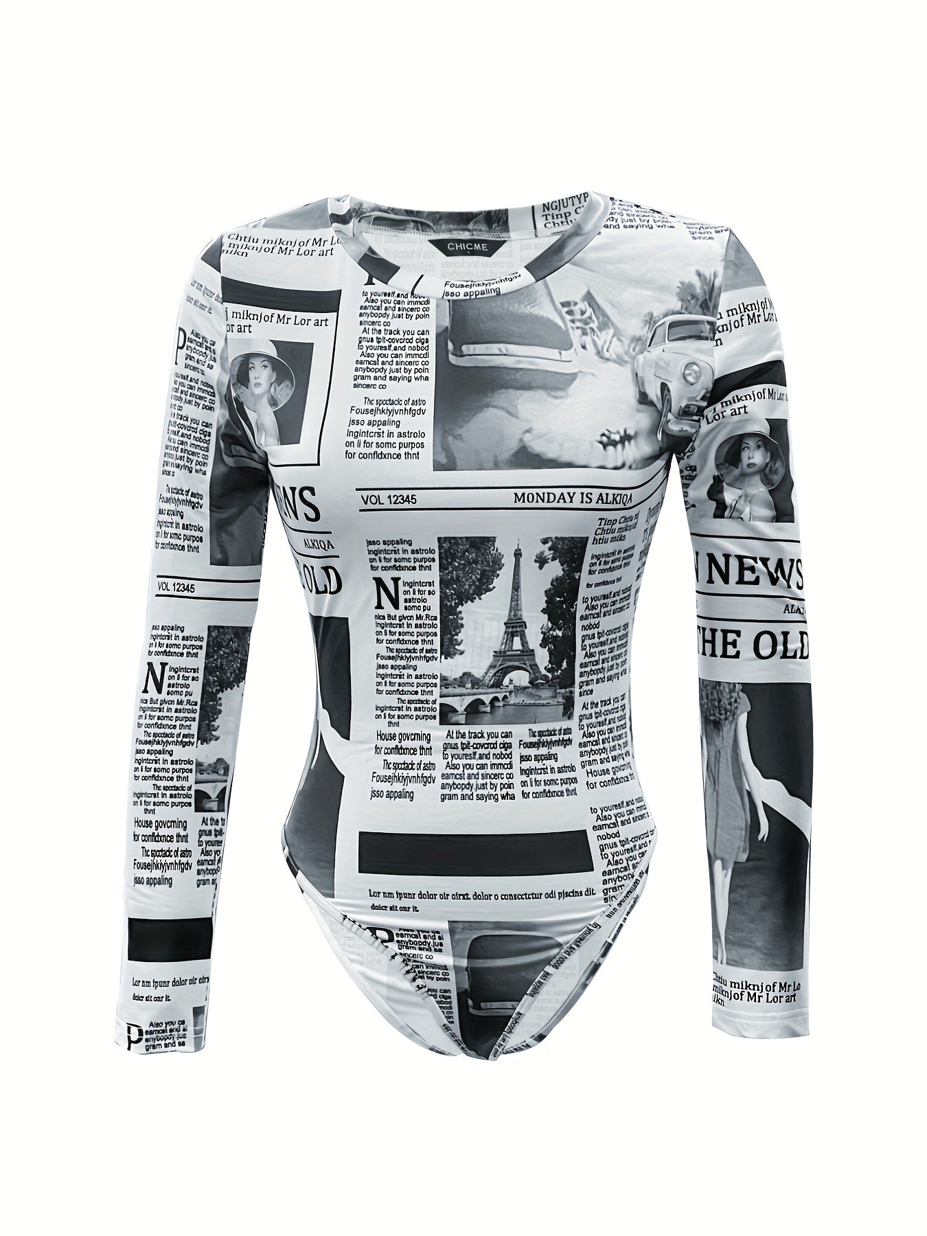 Newspaper Print Bodysuit Long Sleeve Sexy One Piece