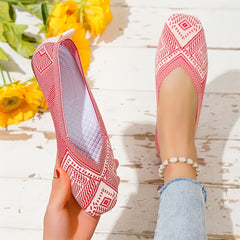Women's Knitted Square Toe Flat Shoes Breathable Slip On Casual Walking Shoes