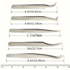 5pcs Eyelash Extension Tweezers Set Curved Straight Pointed Tip Applicator Tool