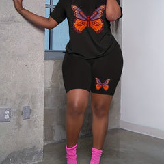 Women's Plus Butterfly Print Tee & Shorts Set - Casual 2 Piece Outfit