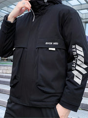 Men's Big Pocket Hooded Jacket Solid Zip Up Cotton Padded Jacket For Fall Winter