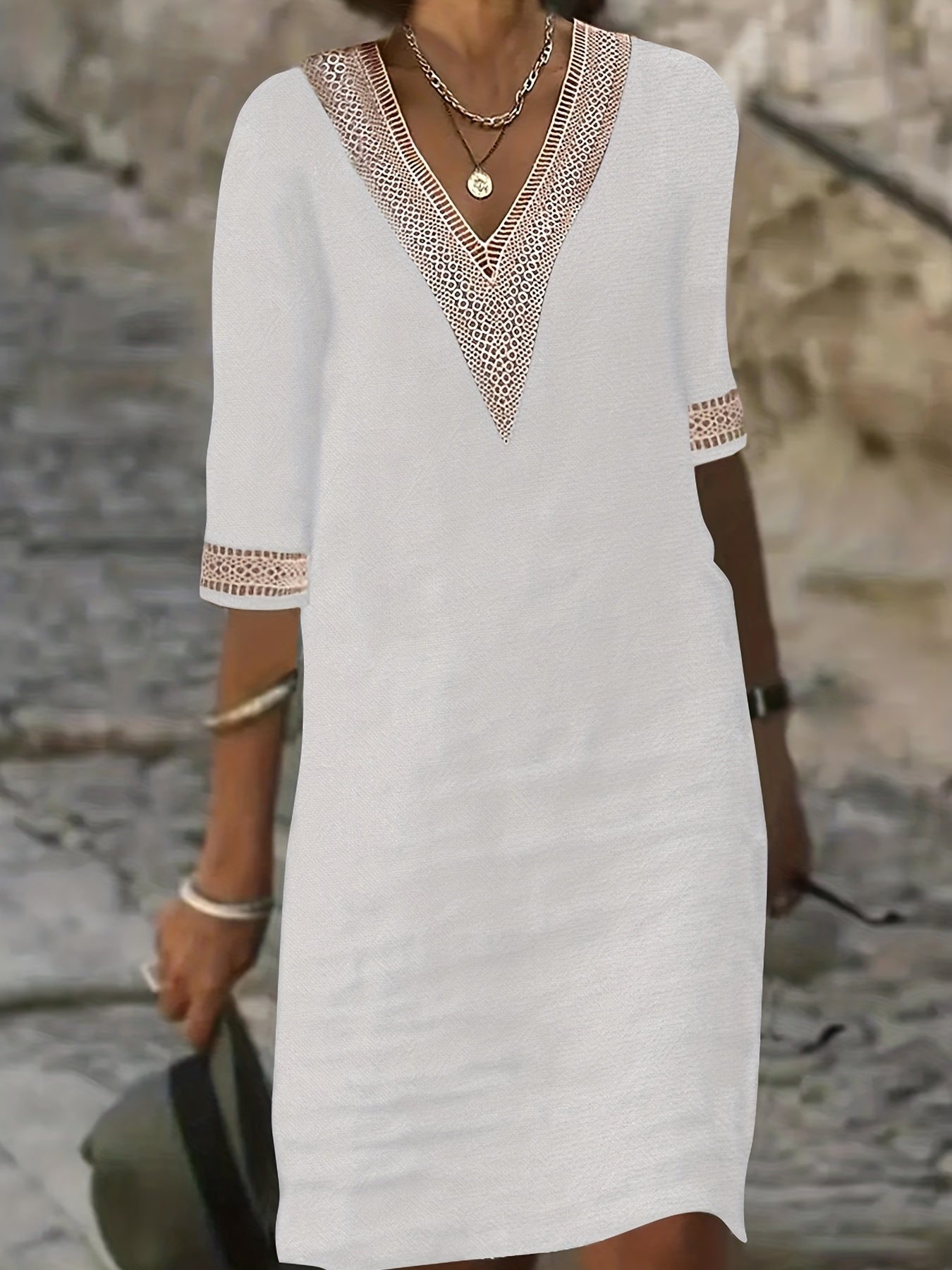 Guipure Lace V Neck Dress Short Sleeve for Spring & Summer