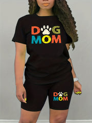 2pcs Dog Mom Letter Print Casual Sports Suits Loose Short Sleeve T shirts & Shor