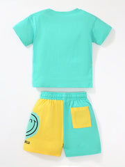 2pcs Boys Summer Outfits Sets Short Sleeve Happy Graphic Print T Shirt Tops