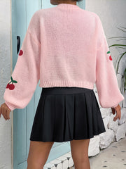 Y2K Cherry Embroidered Knit Cardigan Open Front Long Sleeve Sweater