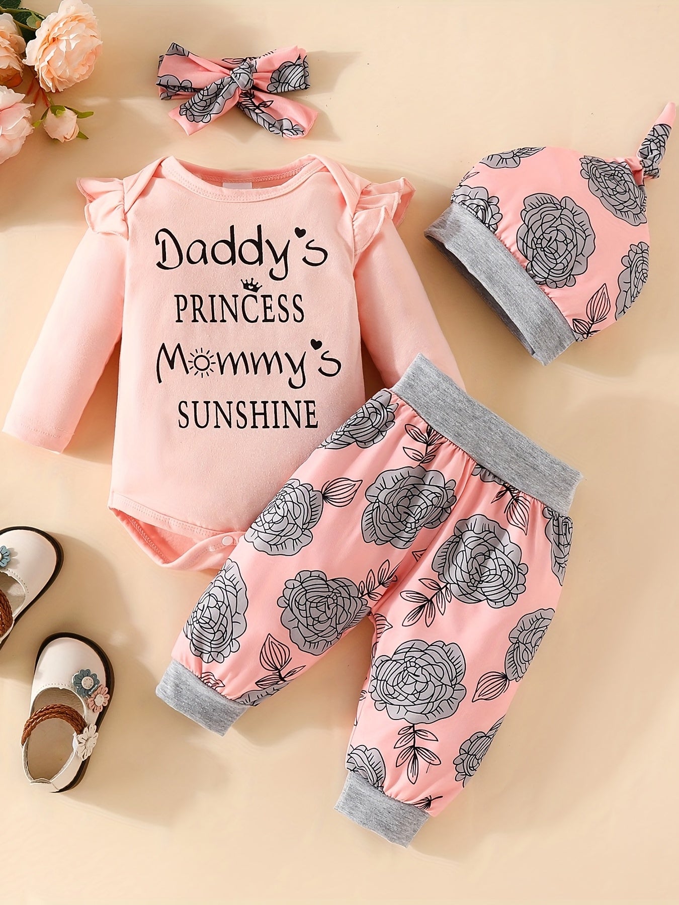 4pcs Baby Letter Flower Print Outfit Set for Girls