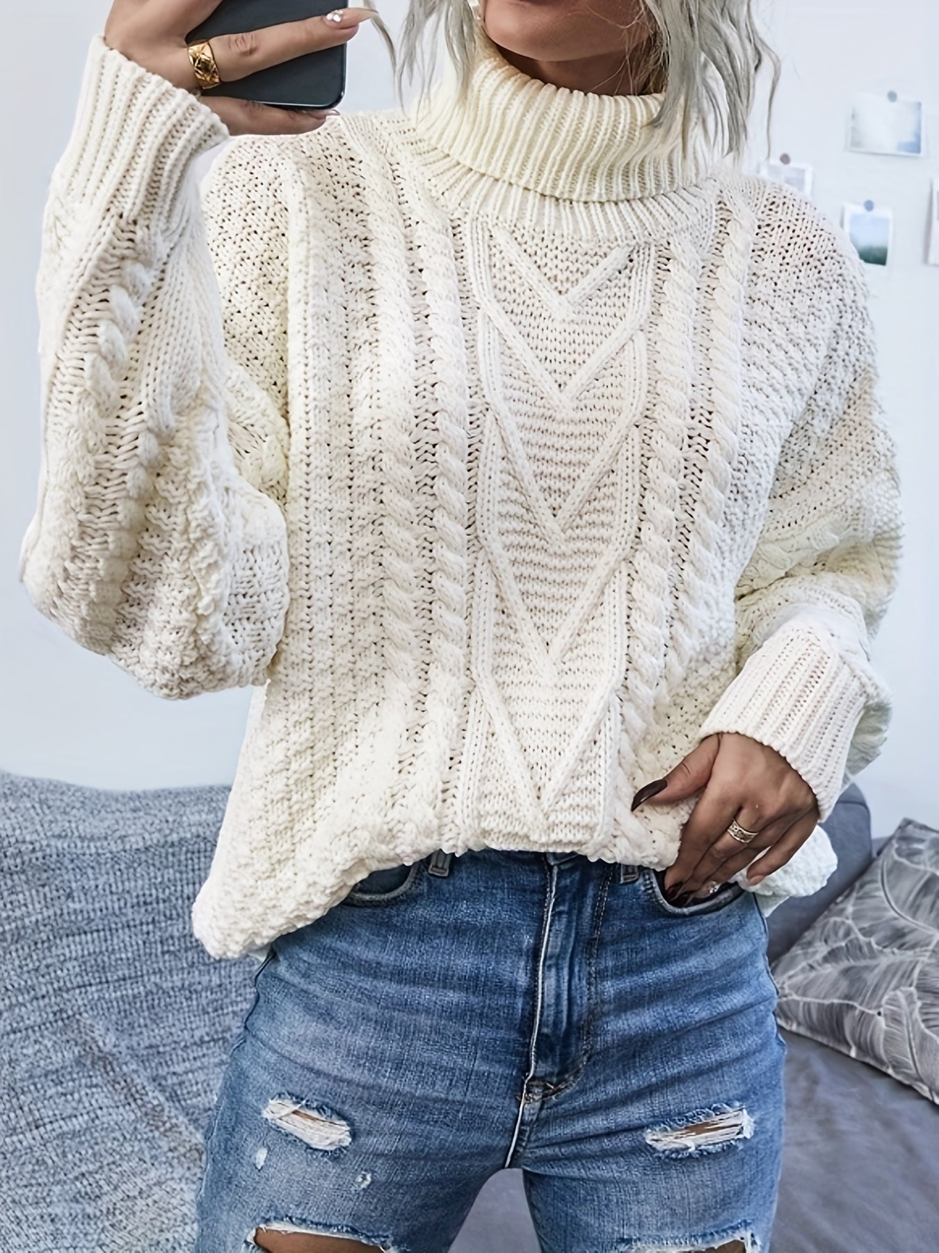 Solid Turtle Neck Pullover Sweater Long Sleeve Casual Winter Women's Clothing