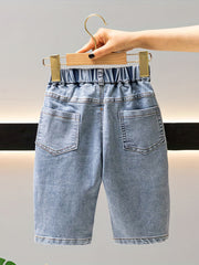 Boys Letter Print Denim Jeans Cropped Pants Bottoms With Pockets