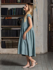 Draped Crew Neck Summer Dress Loose Fit
