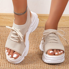 Women's Knitted Platform Sandals Peep Toe Lace Up Solid Slingback Shoes