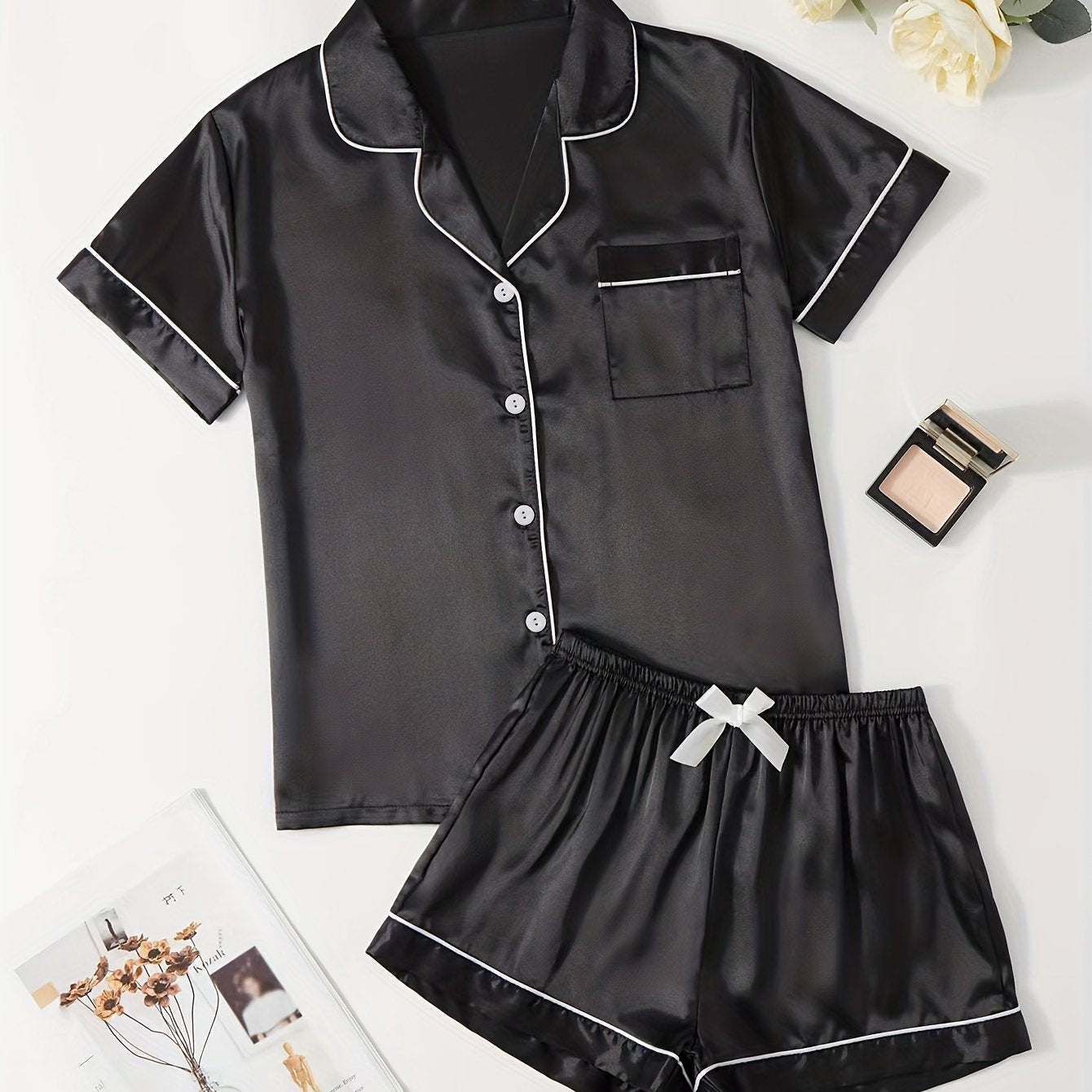 Satin Pajamas Set Short Sleeve Top & Shorts