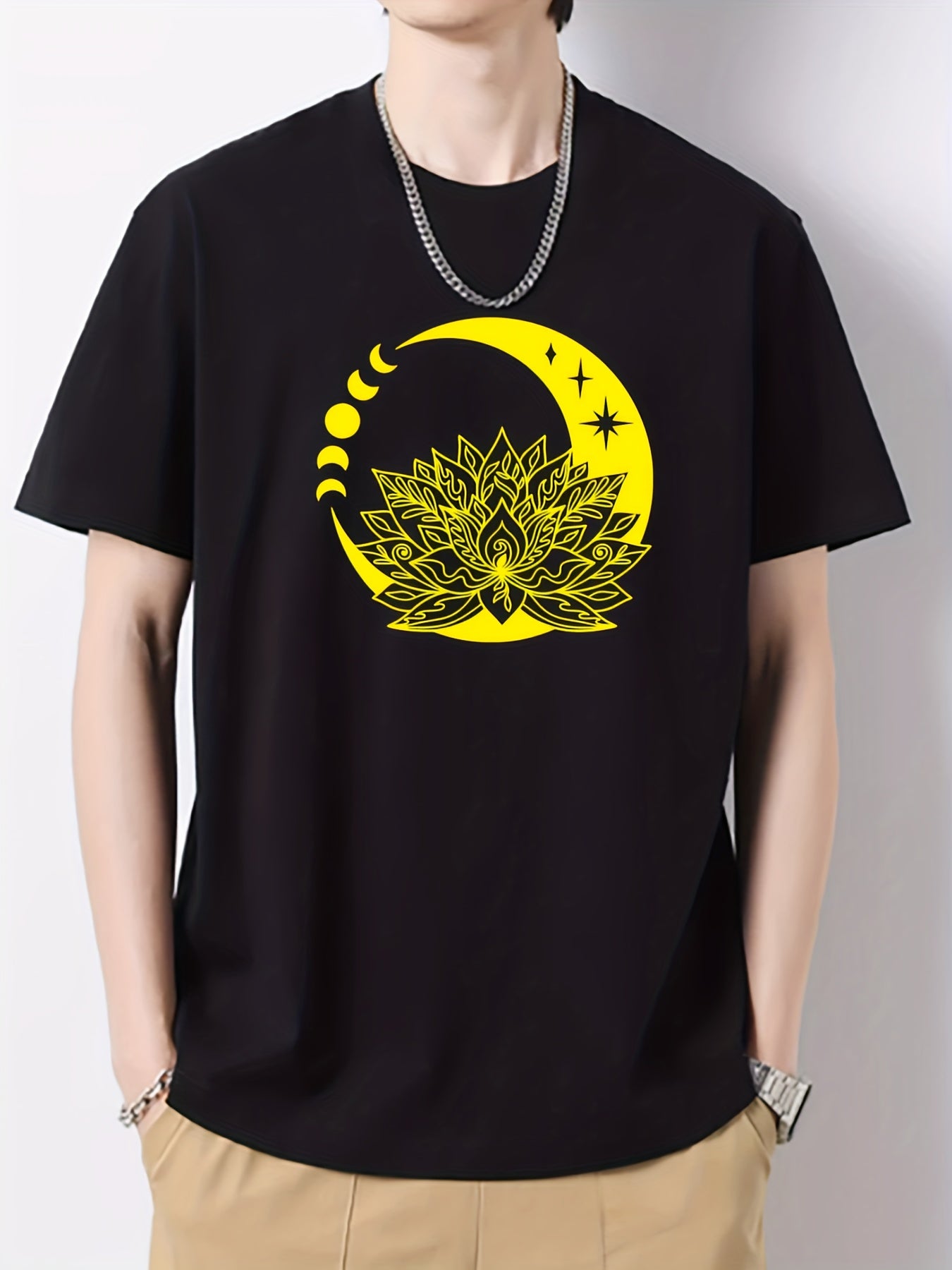 Cotton Moon Print Men's Graphic Crew Neck Active T shirt